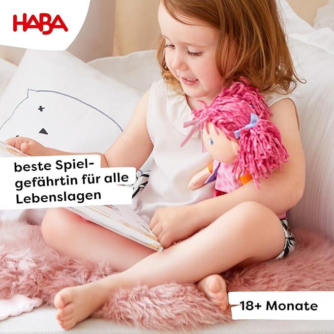 HABA Lilli-Lou 12" Soft Doll with Pink Hair in Pigtails, Blue Eyes & Embroidered Face, Machine Washable Baby Doll for Ages 18 Months+