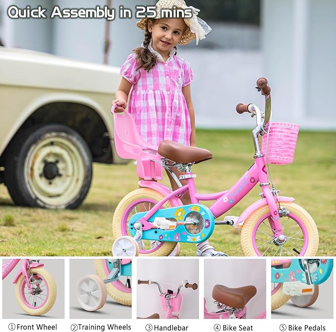 Glerc Maggie Girls Bike, 12-20 Inch Kids Bike for 2-13 Years Old Children, Princess Style Kids Bicycle with Doll-Seat & Basket & Training Wheels, Multiple Colors
