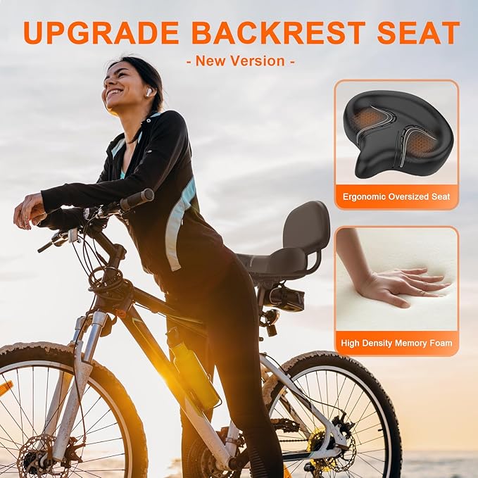 BLUEWIND Oversized Bike Seat, Wide Bicycle Saddle Novel Backrest Design for Electric Bike, Universal Fit Exercise Bike or Road Stationary Bike Seat Cushion for Men & Women