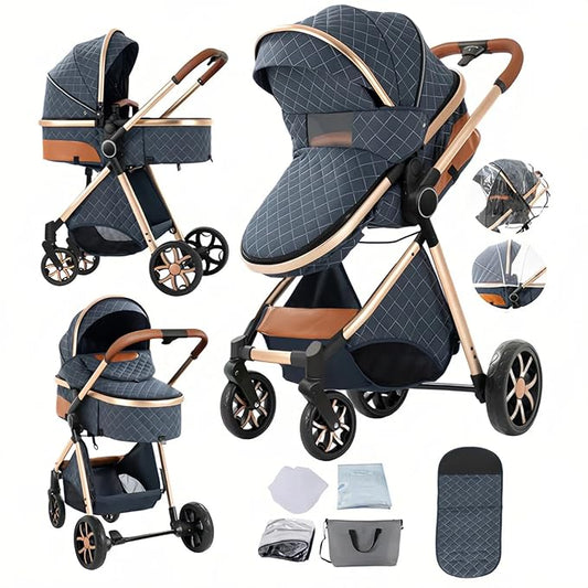 2 in 1 Baby Stroller with Bassinet Mode, Reversible Infant Pram, One-Click Folding, Newborn Travel Stroller, Convertible Toddler Standard Pram Carriage (X2US-Blue)