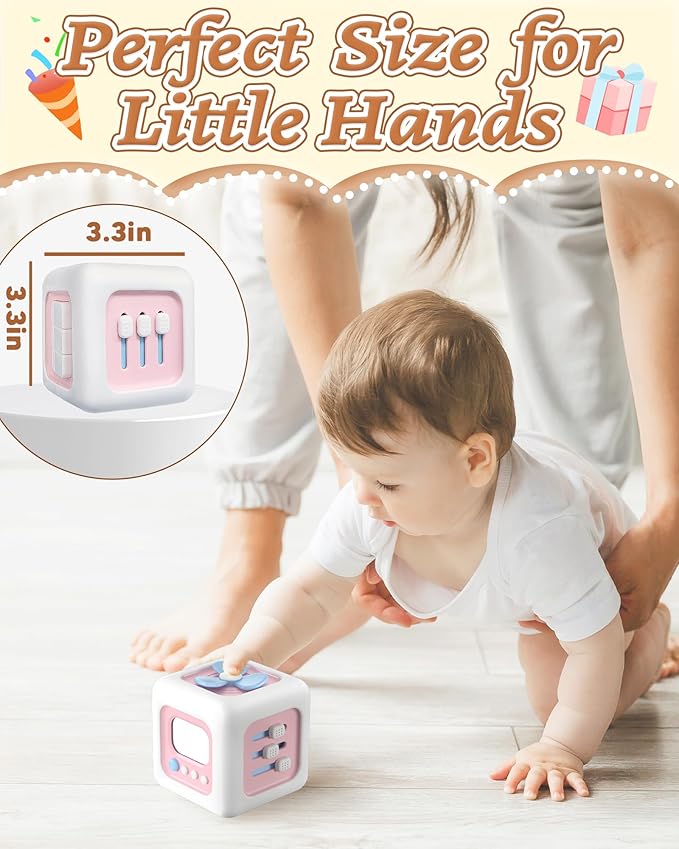 6 in 1 Busy Cube Montessori Toys for 1 Year Old Girl, Baby Sensory Toys for Ages 1-3, Toddler Learning Activities Travel Toy Birthday Gift for 1 2 3 Year Old Girl -Pink