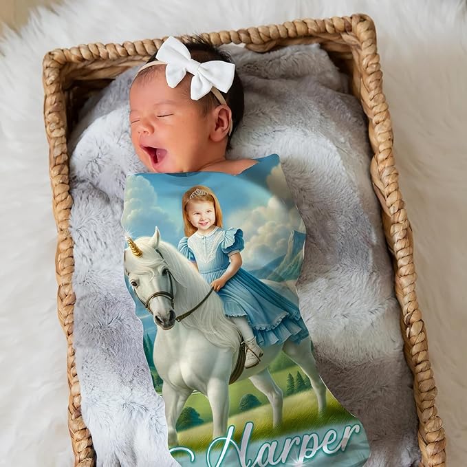 Zocoshi Personalized Princess Blanket - Kids Unicorn Design with Custom Face Photo, Monogrammed Gift for Baby Girl, Cozy Keepsake, Perfect Birthday Present