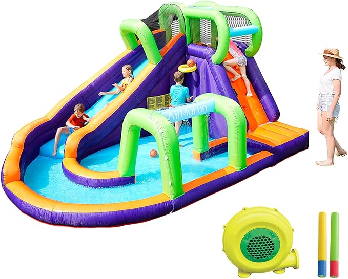 AirMyFun Water Slide InflatableBounce House for Kids with Blower. Family Backyard Bouncy Castle with Fun Doorway Tunnel, Climbing Wall,Long Safe Return Curved Slide and Ball Shooting