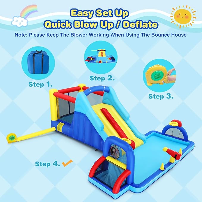 Inflatable Water Slide Bounce House, Double Slide Bouncer Castle Playhouse w/Splash Pool,Jump Area, Climbing Wall,Basketball Hoop, Water Balls, 550W Air Blower for Kids Backyard Indoor Outdoor Use