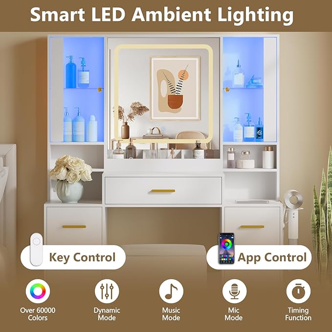 43'' Makeup Vanity with Mirror and Lights, White Vanity Desk with 7 Drawers & Charging Station, 3 Lighting Modes & Adjustable Brightness, Cushioned Stool, Dressing Table for Girls, Women, Teens