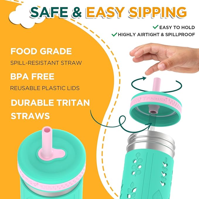 Tronco 4 Pack 15oz 2-in-1 Stainless Steel Kids Tumbler Cups with Silicone Sleeves, Spill-Resistant Flexible Straws & Storage Lids, BPA-Free Smoothie and Snack Cups, Dishwasher Safe