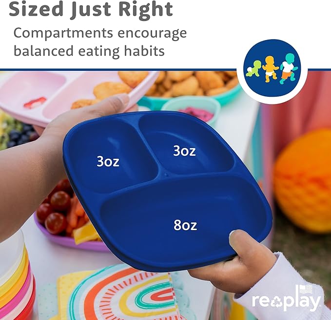 Re-Play Toddler Plates with Dividers - Deep-Walled 3 Compartments Divided Plates for Kids with 1 Lid - Dishwasher & Microwave Safe - Made in USA - Set of 3-7.37" x 7.37" x 1.25
