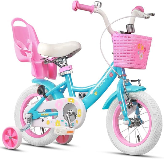 Glerc Maggie Girls Bike, 12-20 Inch Kids Bike for 2-13 Years Old Children, Princess Style Kids Bicycle with Doll-Seat & Basket & Training Wheels, Multiple Colors