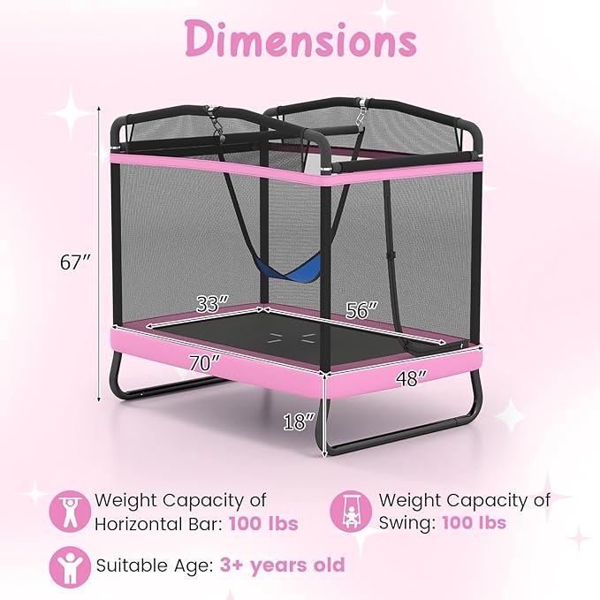 Goplus 6 x 4 FT Rectangle Kids Trampoline, Indoor Outdoor Recreational Trampoline with Swing, Gymnastics Bar & Safety Enclosure Net, ASTM Compliant Gift for Children Boys Girls