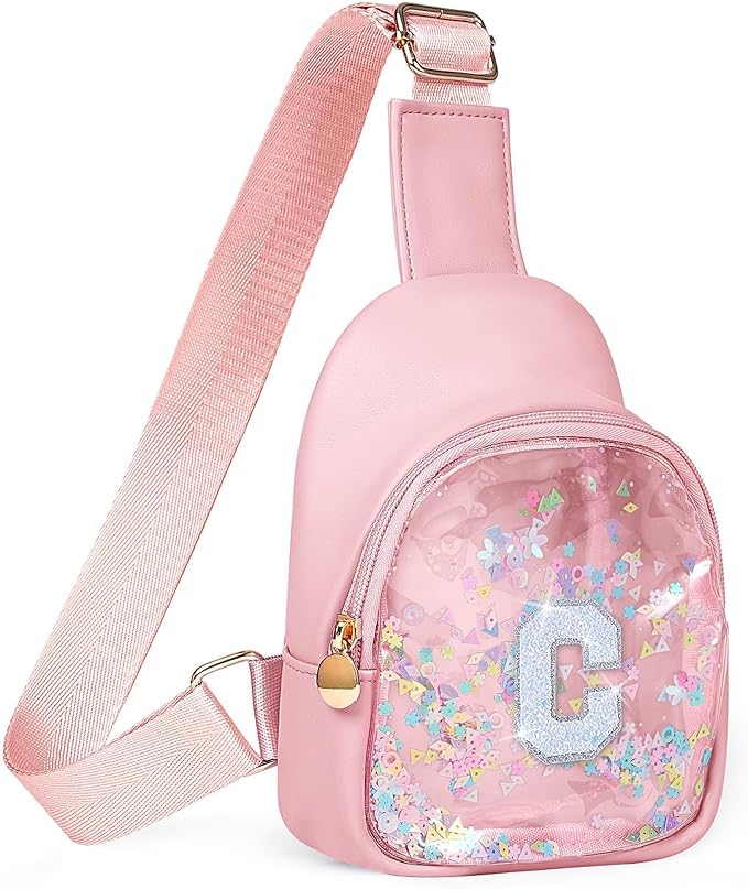 COSHAYSOO Pink Toddler Little Girls Purse 2 3 4 5 6 7 Year Old Kids Sling Bag Initial Crossbody Clear Pouch, Daily Essentials Carry On the Go Travel Wallet for Shopping Camping Picnic Letter C
