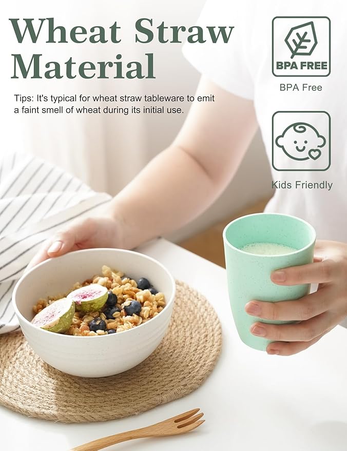 Wheat Straw Cups Set of 8 - Unbreakable 12 OZ Reusable Drinking Glasses BPA Free Cup Dishwasher Safe Tumblers