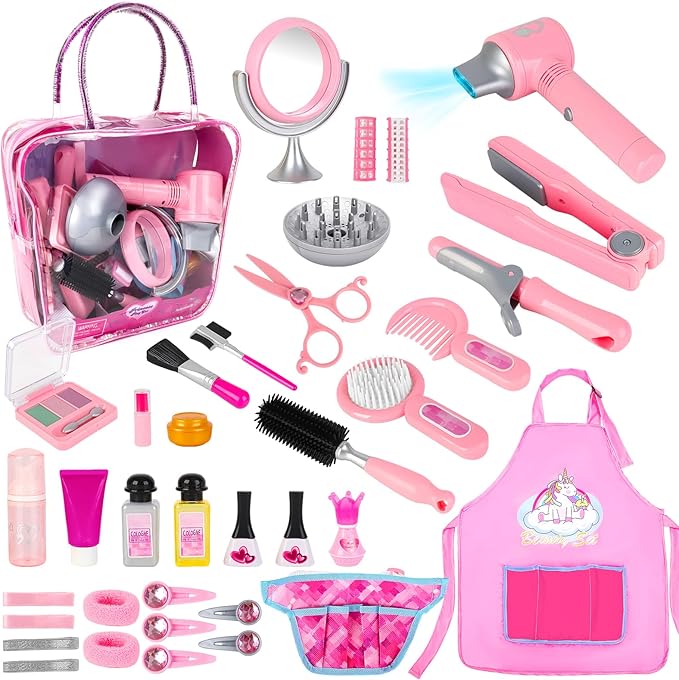 deAO Hair Salon Toys for Girls Pretend Paly Hair Styling Kit Kids Makeup Set, Beauty Salon Set with Blow Dryer Apron Accessories, Birthday Gifts for Toddler Girls Boys 3 4 5 6+