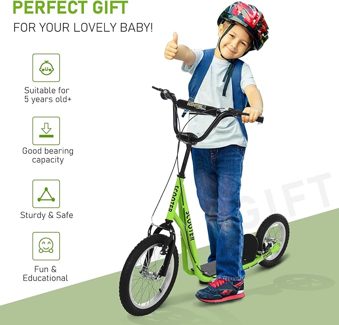 Aosom Youth Scooter, Teens Kick Scooter, Adjustable Handlebar Ride On Toy for 5+ with 16" Front and 12" Rear Dual Brakes Inflatable Wheels