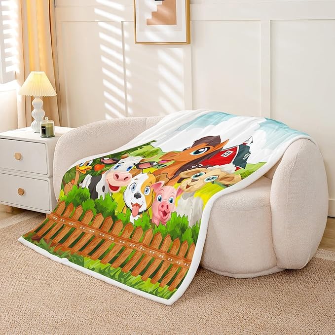 Kids Cartoon Fleece Throw Blanket Toddler Cute Farm Animals Sherpa Blanket Cattle Sheep Pigs Dogs Horses Plush Blanket for Boys Girls Farmhouse Soft Fuzzy Blanket for Sofa Bed Couch, 40x50 Inch