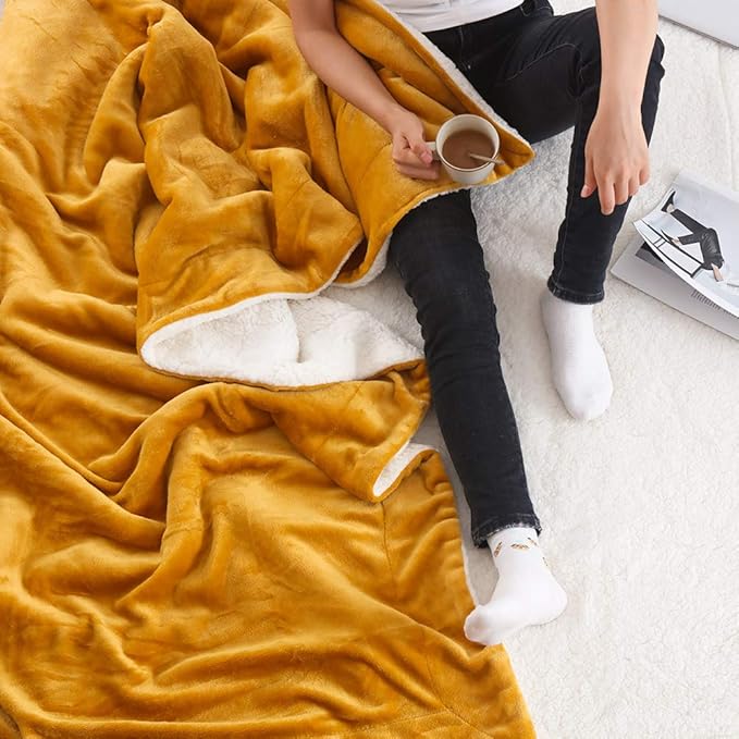 NANPIPER Bed Blanket Reversible Sherpa Flannel Throw Blanket Super Soft Fuzzy Plush Fleece Microfiber (90"x90" Ginger Yellow) Queen