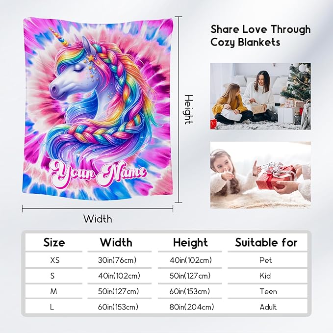 Girls Blanket, Personalized Unicorn Blanket Gifts for Girls, Tie Dye Rainbow Throw, Custom Flannel Kids Throws for Unicorn Lovers (4 Sizes)
