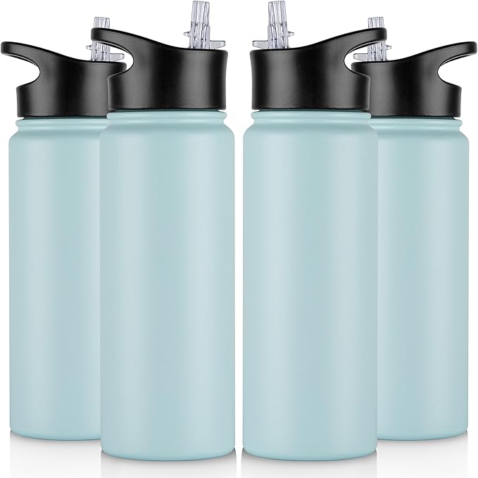 24 oz Insulated Water Bottle Bulk 4 Pack, Stainless Steel Sports Water Bottles with Straw Lid & Wide Mouth Lids, Double Walled Vacuum, Leak Proof, Turquoise Blue