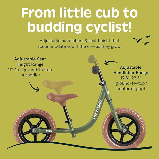 Retrospec Cub Toddler Balance Bike for Ages 18 Months - 3 Years - 12in No-Pedal Beginner Bicycle with Adjustable Seat, Puncture-Proof Tires & Safe Low Frame Design