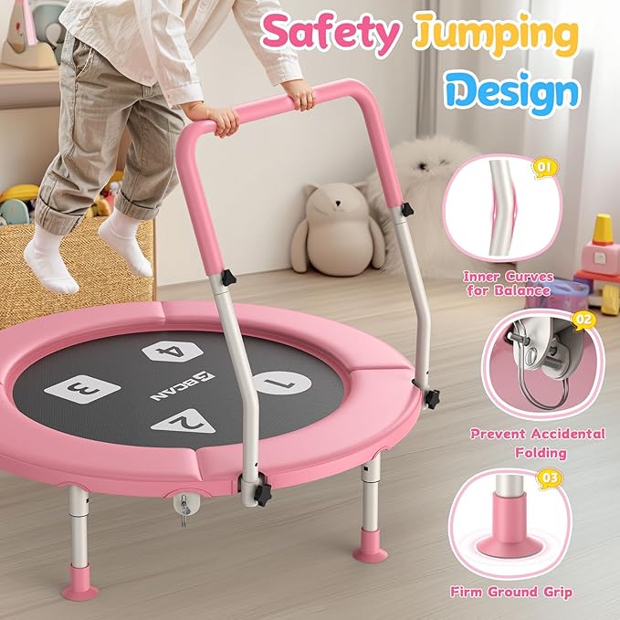 BCAN 36'' Toddler Trampoline, ASTM Certified-Foldable Mini Trampolines for Kids Ages 1-6, Adjustable Handle, Safety Pad & Foldable Legs, Baby Trampoline Indoor/Garden, Gift for Boy and Girl