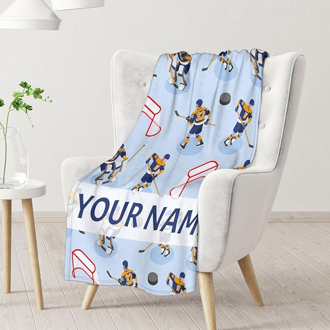 Personalized Hockey Blanket - Hockey Gifts for Girls Boys - Custom Kids Blanket with Name - 60"x80" Soft Flannel Throws for Couch