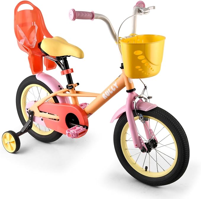 RULLY 12 14 16 Inch Kids Bike for 2-7 Years Girls 33-53 Inch Tall, Toddler Bicycle with Training Wheels & Coaster Brake, Rainbow Bike, Macarons