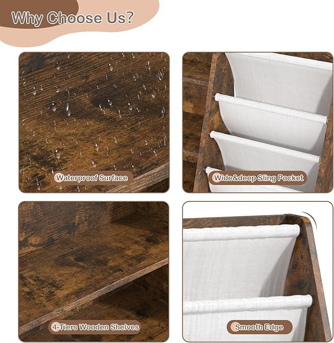 Kids Bookshelf for Bedroom Toddler Children Baby Bookcase 4-Tier for Nursery Book Toy Storage Organizer 5 Sling Book Display Shelf Book Rack Wood Classroom Playroom Rustic Brown