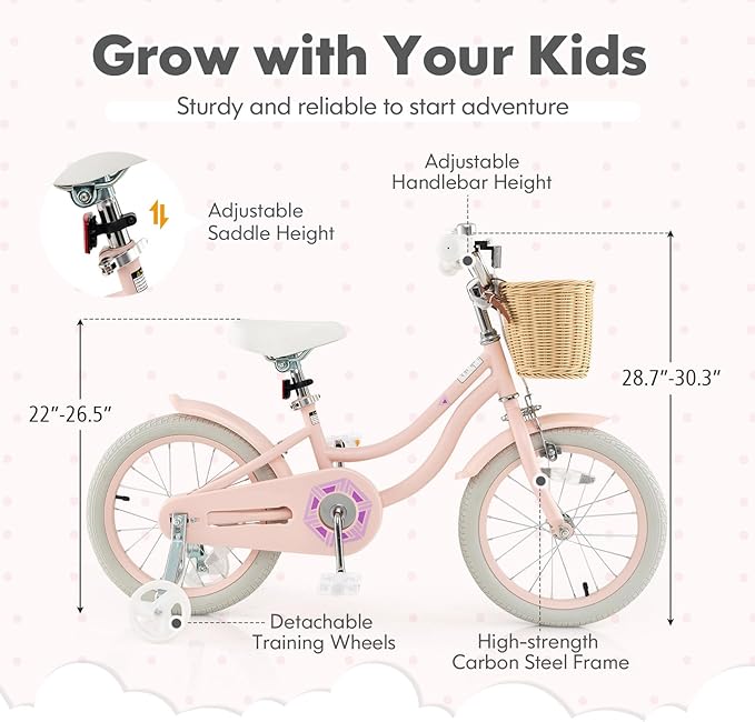 COSTWAY Kids Bike, 14 16 18 Inch Toddler Bike with Training Wheels, Basket, Adjustable Seat & Handlebar, Hand & Coaster Brakes, Bell, for Girl Boy Aged 3-8 Years Old