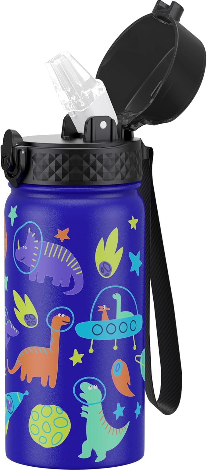 GOPPUS Kids Water Bottle (Straw Lid) - 14 Oz Stainless Steel Travel Bottle, Double Wall Vacuum Leak Proof Kids Cup for School Boys Girls,Blue Space dinosaur