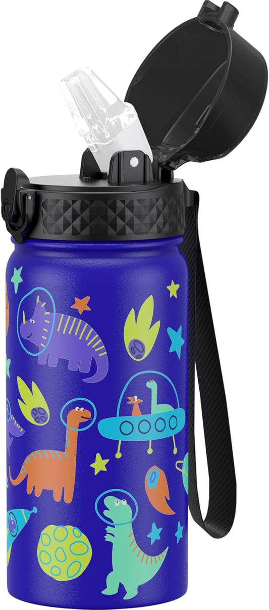 GOPPUS Kids Water Bottle (Straw Lid) - 14 Oz Stainless Steel Travel Bottle, Double Wall Vacuum Leak Proof Kids Cup for School Boys Girls,Blue Space dinosaur
