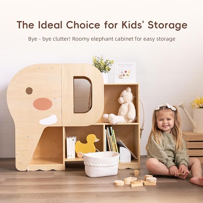 OOOK Montessori Bookshelf with Elephant Shape, 2-Shelf Toddler Bookshelf, Montessori Shelf and Toy Storage Organizer for Classroom, Kindergarten, Kids Room, Playroom and Daycare.