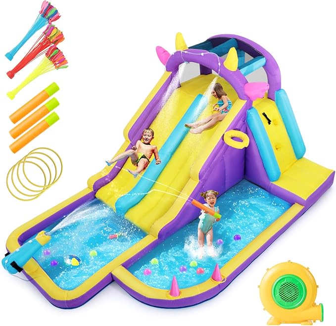 JOYLDIAS Inflatable Water Slide,Water Park Bounce House,Slide Bouncer Castle Playhouse w/Splash Pool, Climbing Wall, Ring Toss Game for Kids Outdoor Fun, 480W Air Blower