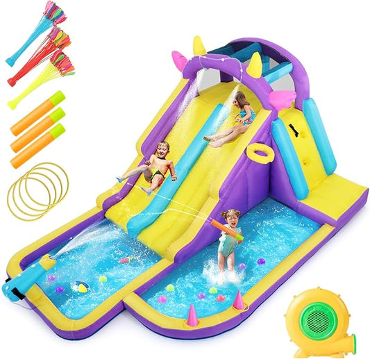 JOYLDIAS Inflatable Water Slide,Water Park Bounce House,Slide Bouncer Castle Playhouse w/Splash Pool, Climbing Wall, Ring Toss Game for Kids Outdoor Fun, 480W Air Blower