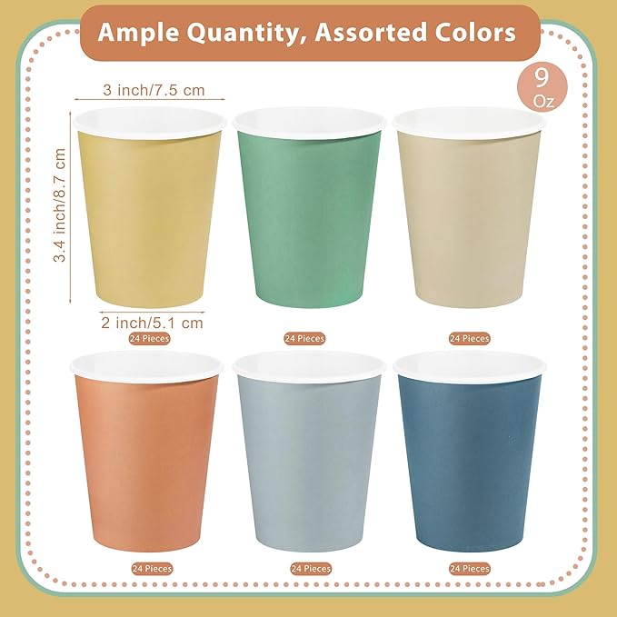 144 Pieces Boho Rainbow Paper Cups 9 Oz Disposable Coffee Paper Cups Multicolor Boho Party Cup Beverage Drinking Cup for Wedding, Birthday, Holiday Party, DIY, and Picnic
