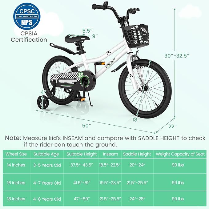 BABY JOY Kids Bike, 12 14 16 18 Inch Children Bikes for Boys Girls Age 3-8 Years w/Training Wheels, Handbrake, Coaster Brake & Removable Basket, Kids Bicycle of Multiple Colors