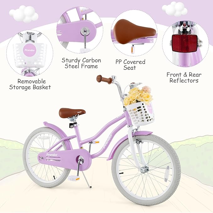 BABY JOY Kids Bike, 12 14 16 18 20 Inch Boys Girls Bike w/Adjustable Seat, Removable Basket, Handbrake & Coaster Brake, Training Wheels or Kickstand, Kids Bicycle with Multi-Color