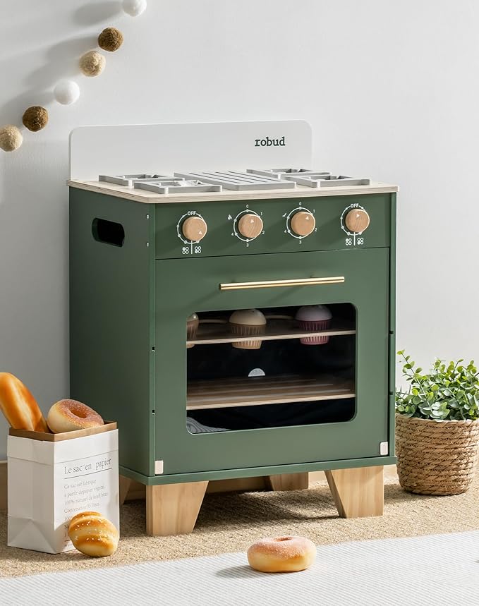 ROBUD Vintage Wooden Toy Kitchen Oven for Kids, Pretend Play Oven with Push-Pull Baking Tray, Realistic Sound Effects, Ideal Gift for 3+ Years Old Grils and Boys