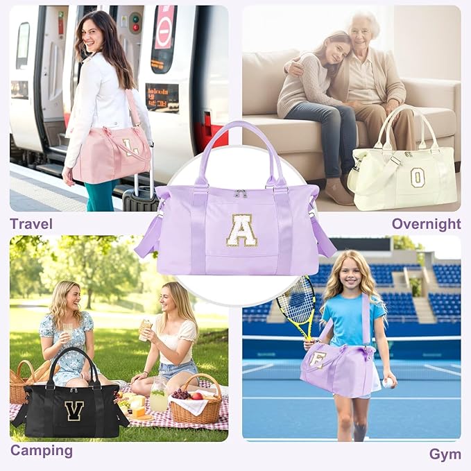 Dance Gym Duffel Bag for Teen Girls, Personalized Initial Travel Weekender Bag,Cute Overnight Carry On Duffle for Women,Sports Travel Cheer Bag,Monogram Christmas Gifts for Tween Preppy(purple-A)