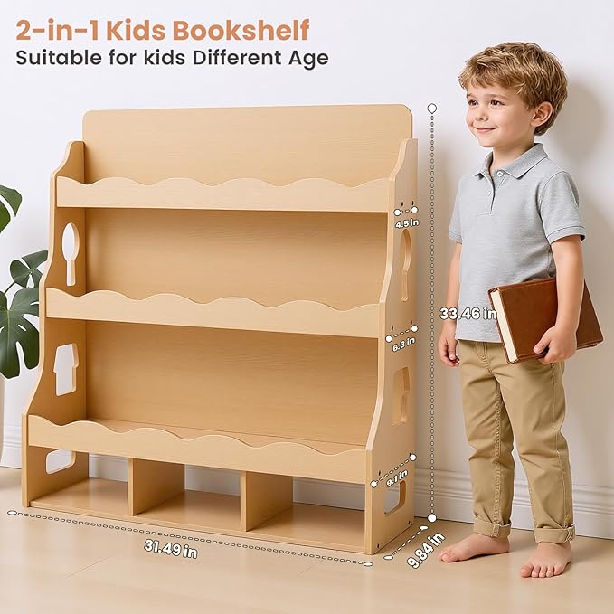 4-Tier Kids Book Shelf, Wooden Toddler Bookshelf with Toy Organizer, Montessori Nursery Bookcase for Boys Girls Bedrooms Playroom Classroom