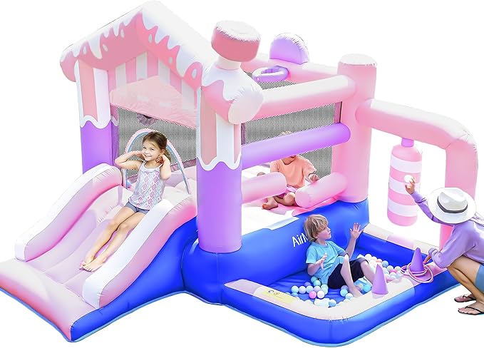 AirMyFun Pink Ice Cream Themed Inflatable Bounce House for Kids - Indoor/Outdoor Jumping Castle with Slide, Ball Pit, Wrecking Ball & Bounce Area, Durable Party Playground for Toddlers Boys Girls