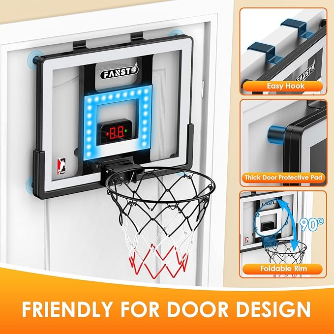 Over The Door Basketball Hoop, Basketballs Hoops Indoor for Kids with LED Cheering, Anti-Impact, 2 Game Mode& Mute Mode, Mini Hoops Door Slam Toy with 4 Ball for 5 6 7 8 9 10 11 12 Old Boys
