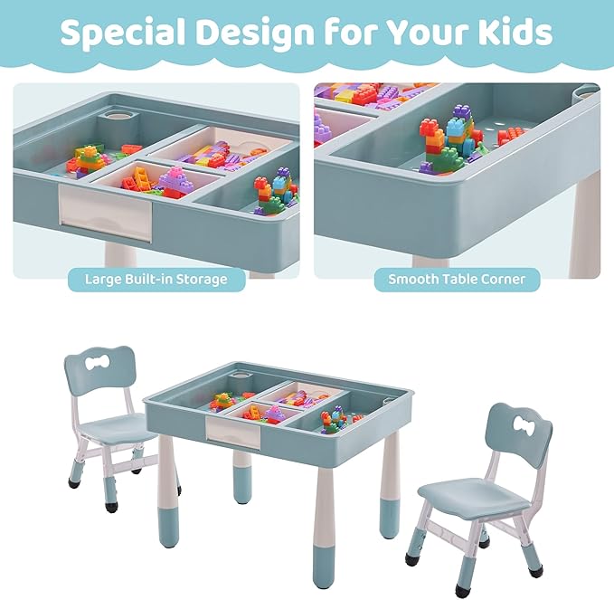 4 in 1 Kids Table and 2 Chairs Set with Storage, Toddler Table and Chair Set for Kids Ages 3-10, Graffiti & Building Blocks Double-Sided Tabletop (Grayish Blue, 2 Chairs)