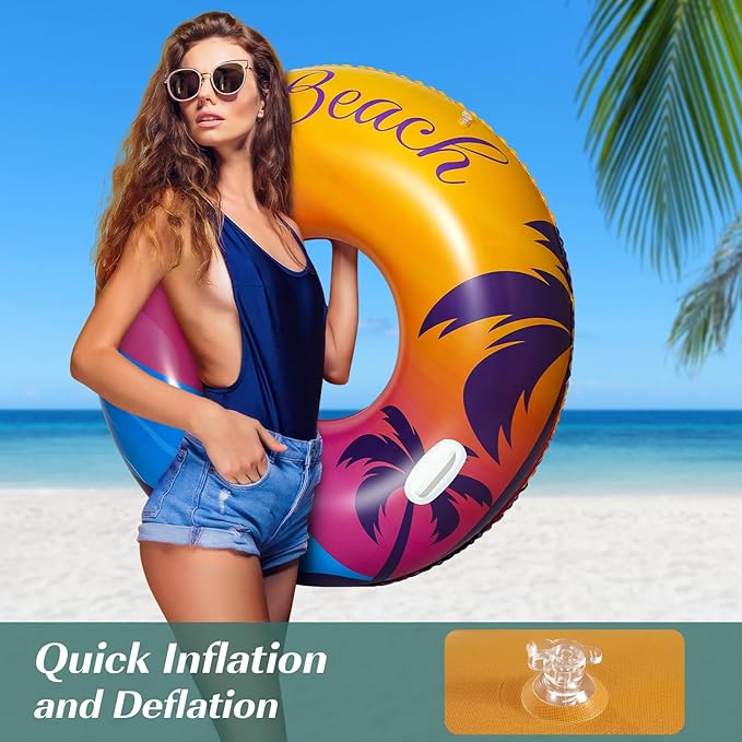 HeySplash Pool Tubes for Adult, 42 Inch Large Pool Floats with Handles, Inflatable Swim Rings Lounge, Hawaii Fun Swim Floaties Swimming Pool Beach Lake River Party Decoration Toys, Orange Purple Beach