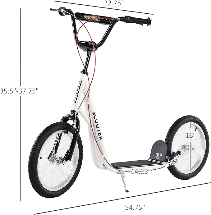 Aosom Youth Scooter Kick Scooter for Kids 5+, Max Load 220 LBS., with Adjustable Handlebar, 16" Inflatable Wheels, Dual Brakes