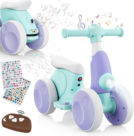 Electric Baby Balance Bike with Bubble Machine for 1 Year Old Boys Girls 4 in 1 Toddler Balance Bike 12-48 Month Kids Bubble Bike Ride Toys First Birthday Gift with Powered Motor,Music,LED Lights