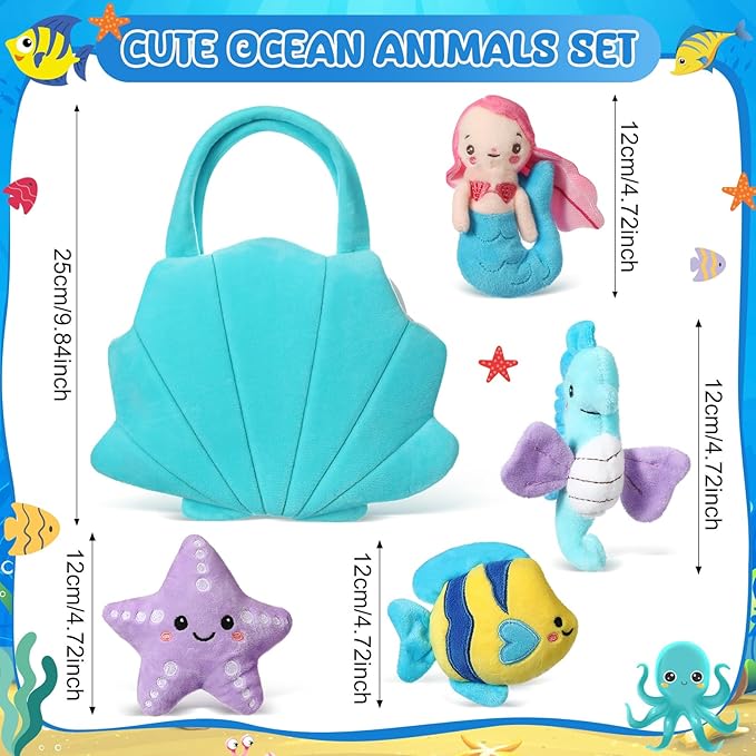 Syhood 5 Pieces Ocean Stuffed Animals Plush Set Include 1 Shell Carrying Bag Toy Set with Small Mermaid Seahorse Starfish Fish Sensory Toy for Boys and Girls Huggable Sleeping Holiday Birthday Gifts