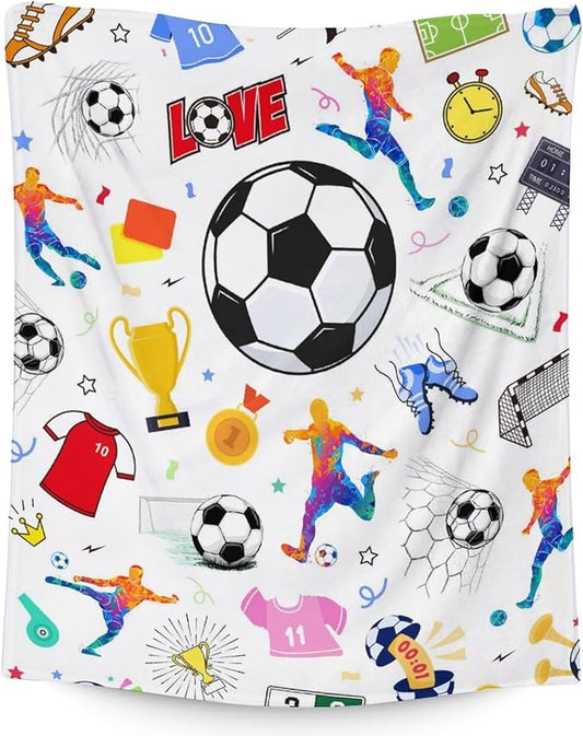 Soccer Blanket for Kids - 50x60 Inches Soft Fuzzy Cozy Throws Gifts for Soccer Players - Colorful Sports Throw Blanket for Couch, Living Room & Office