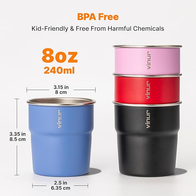 VINUR Kids Stainless Steel Cups-8 oz Stackable Tumbler Metal Drinking Glasses for Travel, Camping, Outdoors, 4 Pack (Royal Blue-Canyon Red-Black-Purple Pink)