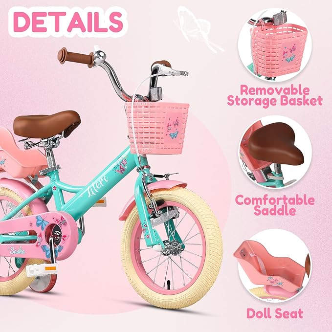 Glerc Sasha Girls Bike, 12-20 Inch Kids Bike for Ages 2-13 Years Old Children, Retro Vintage Style Kids Bicycle with Doll Bike Seat, Basket and Training Wheels, Multiple Colors