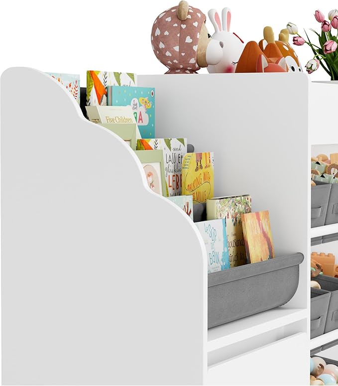 62.2 inches Toy Storage Organizer and Kids Bookshelf, Toy Organizer with 2 Movable Drawers and 9 Box Bins, 4 Tier Toddler Bookshelf for Book Storage and Display