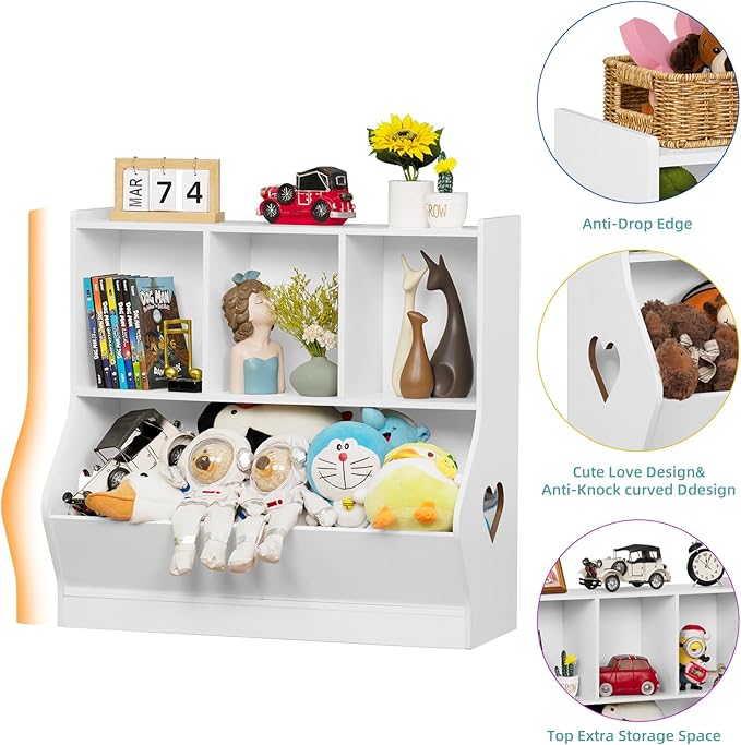Lerliuo Kids White Toy Storage Organizer, Children Small Bookcase and Bookshelf, Toddler 4 Cubby Toy Storage Cabinet, Toy Shelf for Playroom, Bedroom, Living Room, Nursery, School 29.53'' H